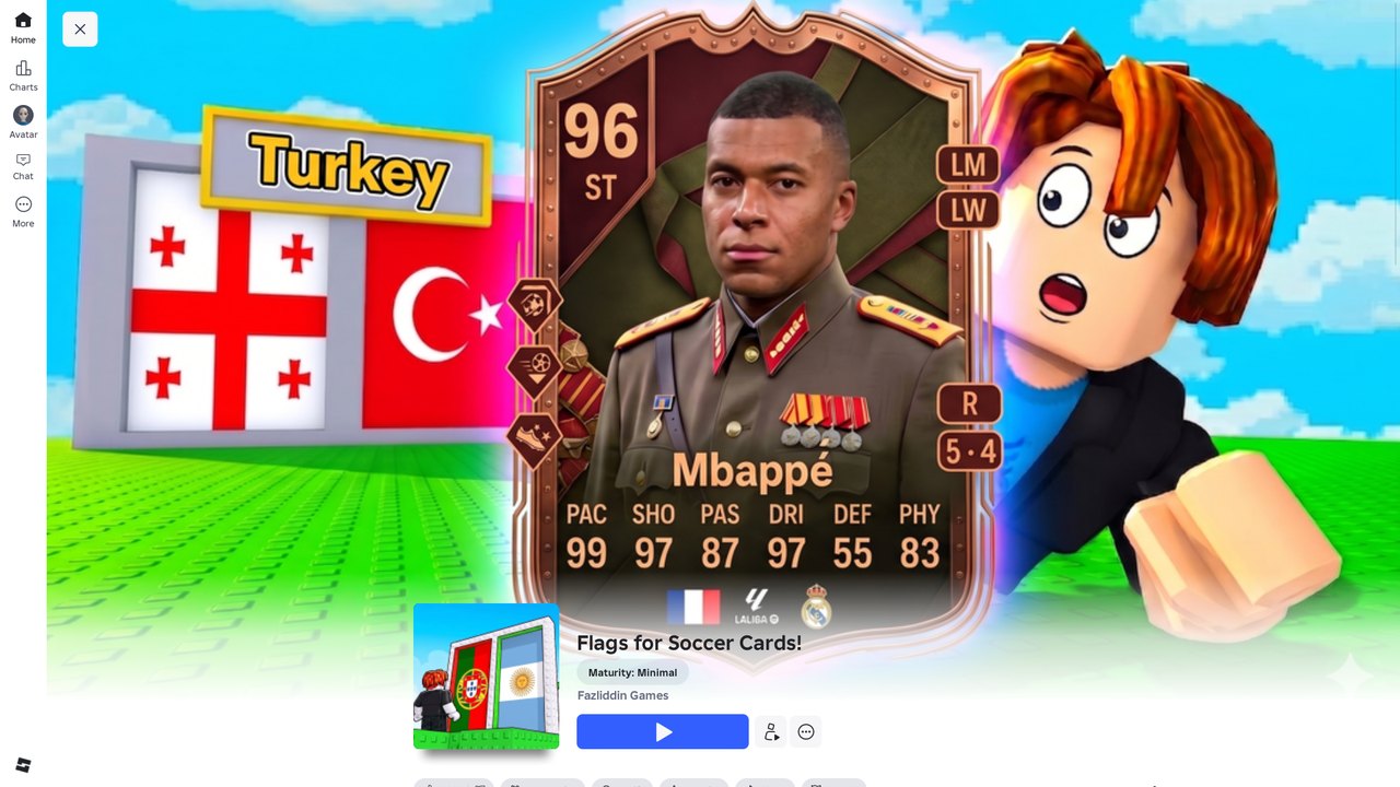 The Roblox storefront: Georgian and Turkish flags, an Mbappé 96 ST card and a Roblox character