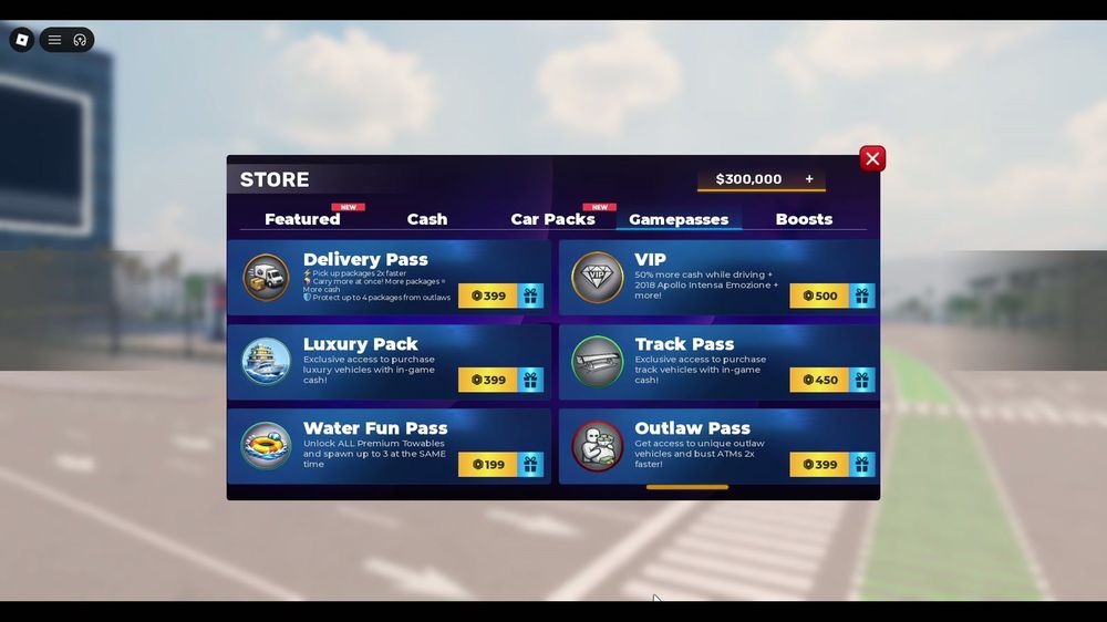 Gamepasses: Delivery Pass, VIP, Luxury Pack, Track Pass (450 R), Water Fun Pass (199 R), O