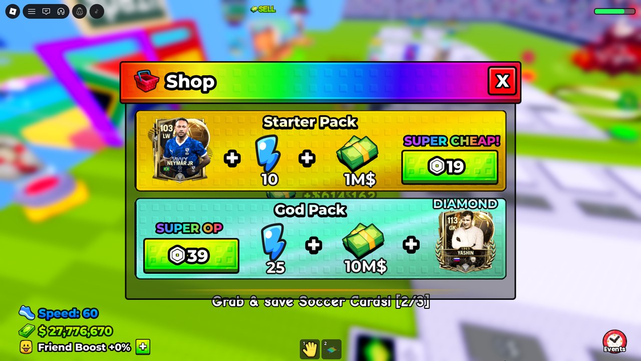 The shop: a Starter Pack for 19 Robux and a God Pack for 39