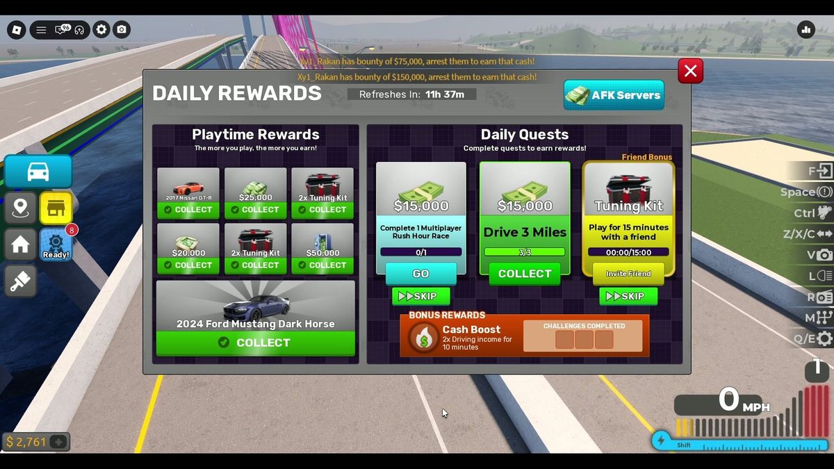 Daily Rewards (refresh 11h 37m): Playtime Rewards (cash, 2× Tuning Kit, Nissan GT-R, Ford 