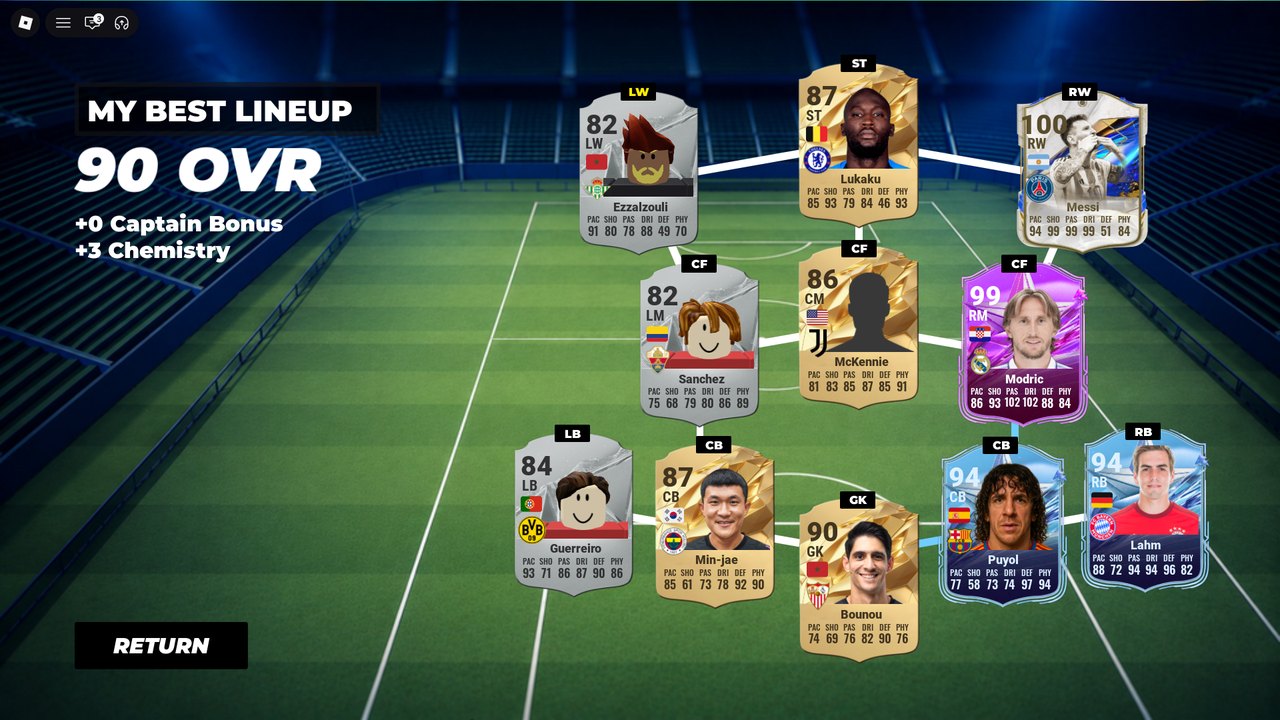 Pitch: a full 4-3-3, 90 OVR, cards Messi 100, Modric 99, blue and purple special-tier cards