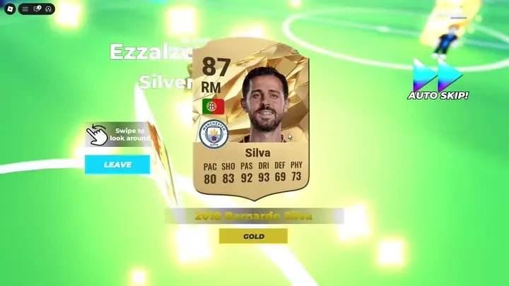 Pack open: a gold card, 2018 Bernardo Silva 87 RM, LEAVE and AUTO SKIP buttons