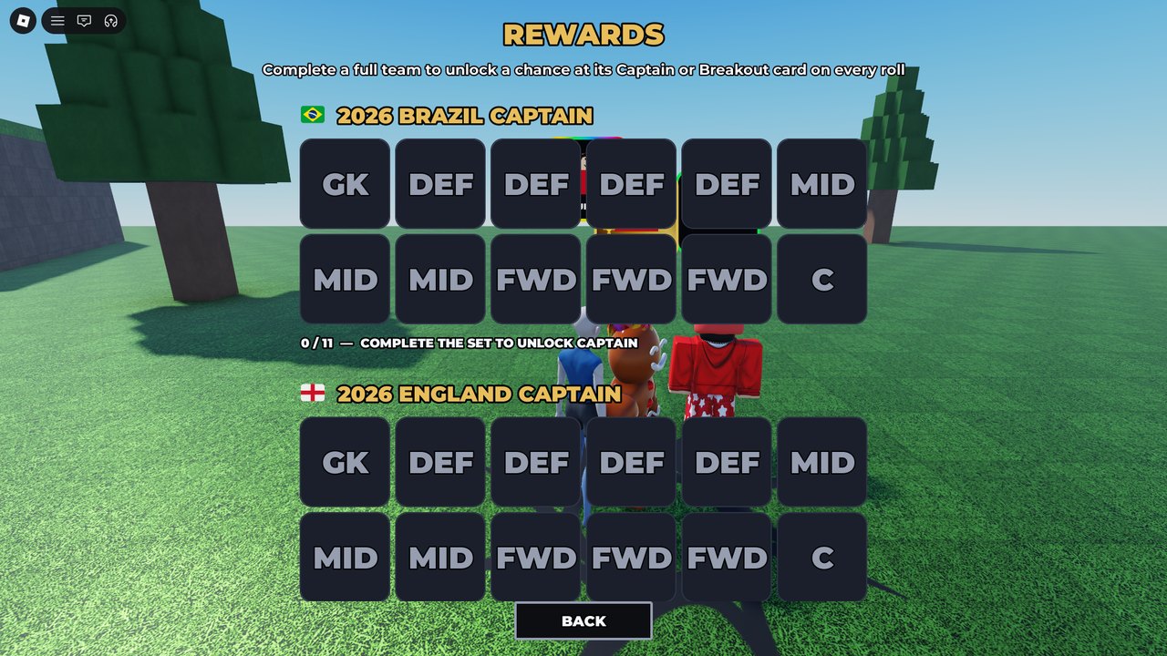 The REWARDS screen: 11-slot sets for Brazil 2026 and England 2026, progress 0/11