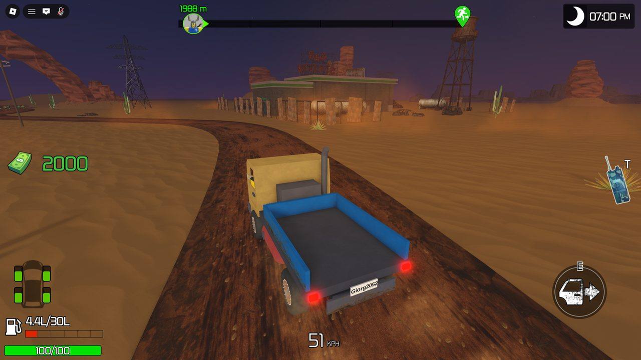 <b>A landmark on the route.</b> An abandoned gas station ahead at dusk &mdash; the kind of structure worth a fuel-and-loot stop. Points of interest break up the drive and bait risk/reward detours.