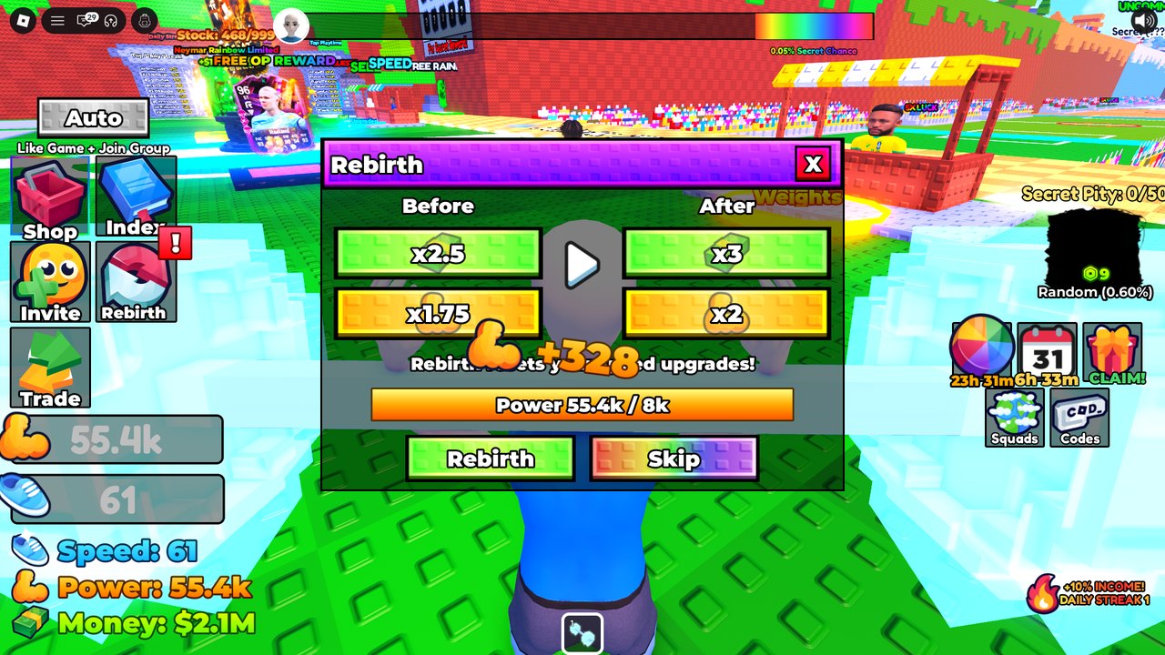 Rebirth: Before x1 → After x1.5 money, x1 → x1.25 power, gate Power 751/1k, SKIP R$49