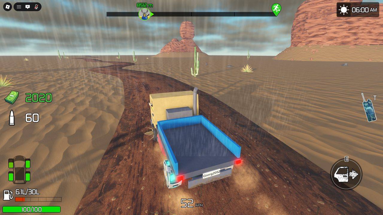 <b>Open-road driving, rain.</b> Hauling across the dunes at 52 KPH with a full tank. The blue flatbed (plate 