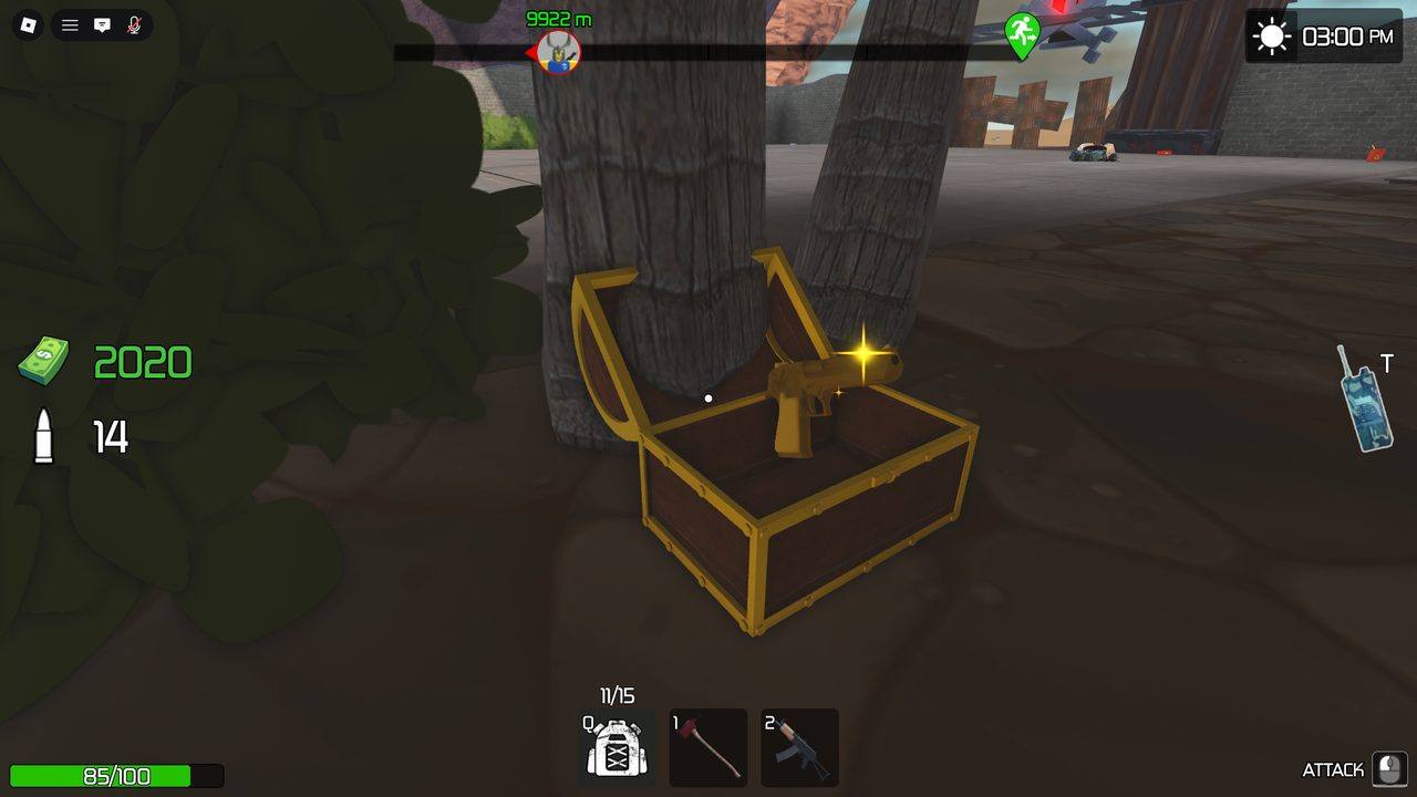 <b>Loot reward.</b> A glinting weapon (Uzi-class SMG) sitting in an open treasure chest. Chests are the jackpot pickups &mdash; the run's best guns and gear come from cracking them open.