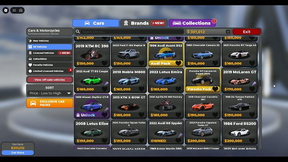 Mid tier and packs: Audi Pack ($154k), Porsche Pack ($170k), Unlock and OWNED tags (the st