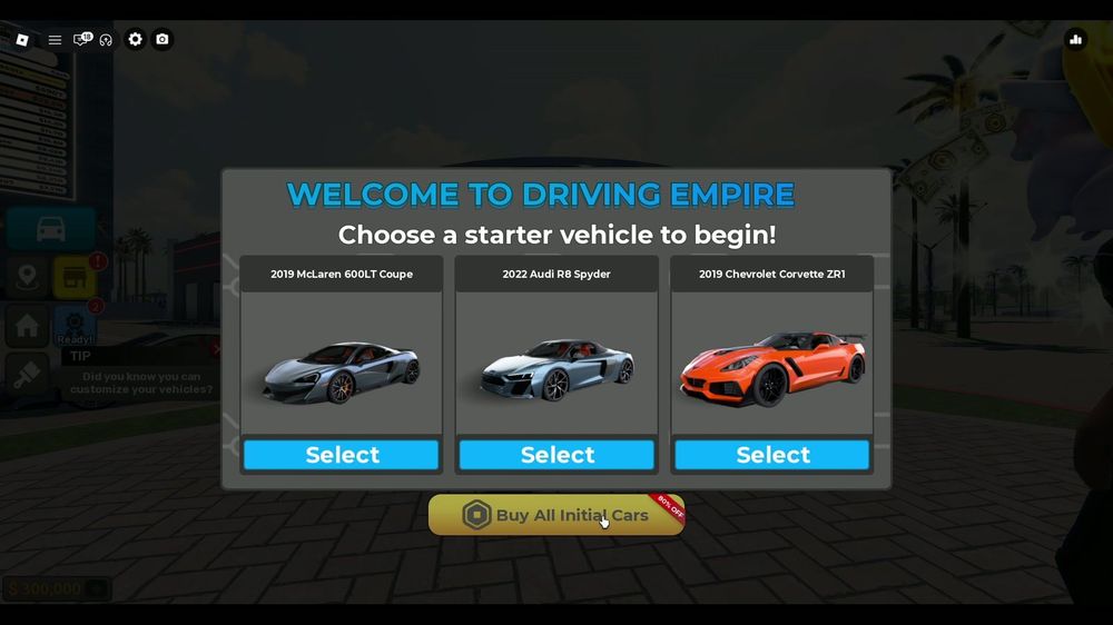 All three at once — Buy All Initial Cars for 49 Robux (discounted). The first paid offer l