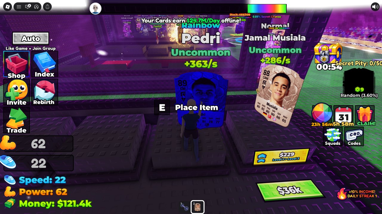 Plot: cards Pedri +363/s, Musiala +286/s, pedestal $229 Level 1>2