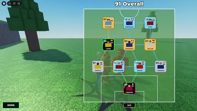 The squad reveal: cards flip one by one, chemistry links light up between them, a SKIP button sits below